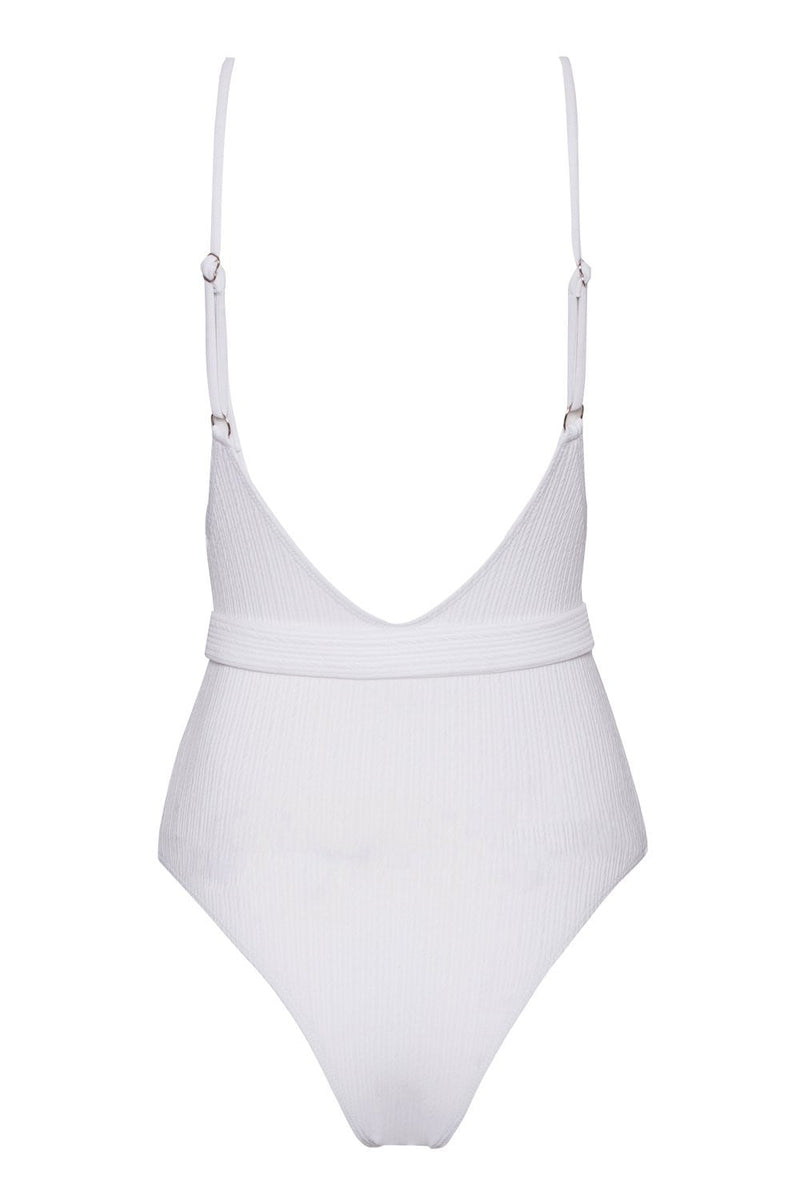 White V-neck Belted One Piece Swimsuit (2079028215867)