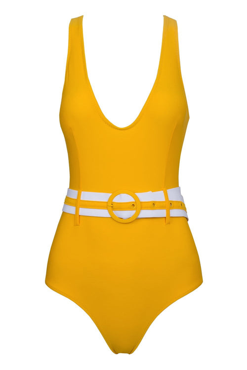 Mustard Yellow V-neck Belted One Piece Swimsuit (2079028674619)