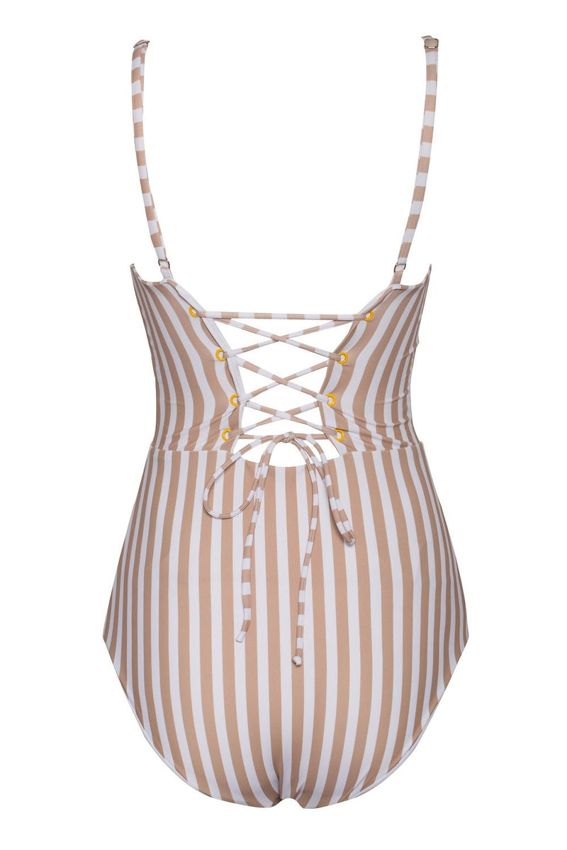 Striped Plunge Lace-Up One Piece Swimsuit (2079028871227)