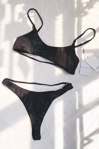 Metallic Black Ribbed Cut-Out Thong Bikini Bottoms