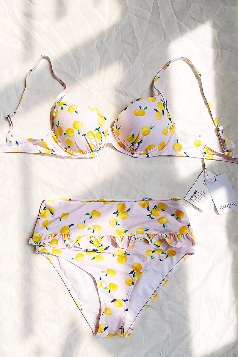 Lemon Print Ruffle Trim High Waisted Bikini Bottom