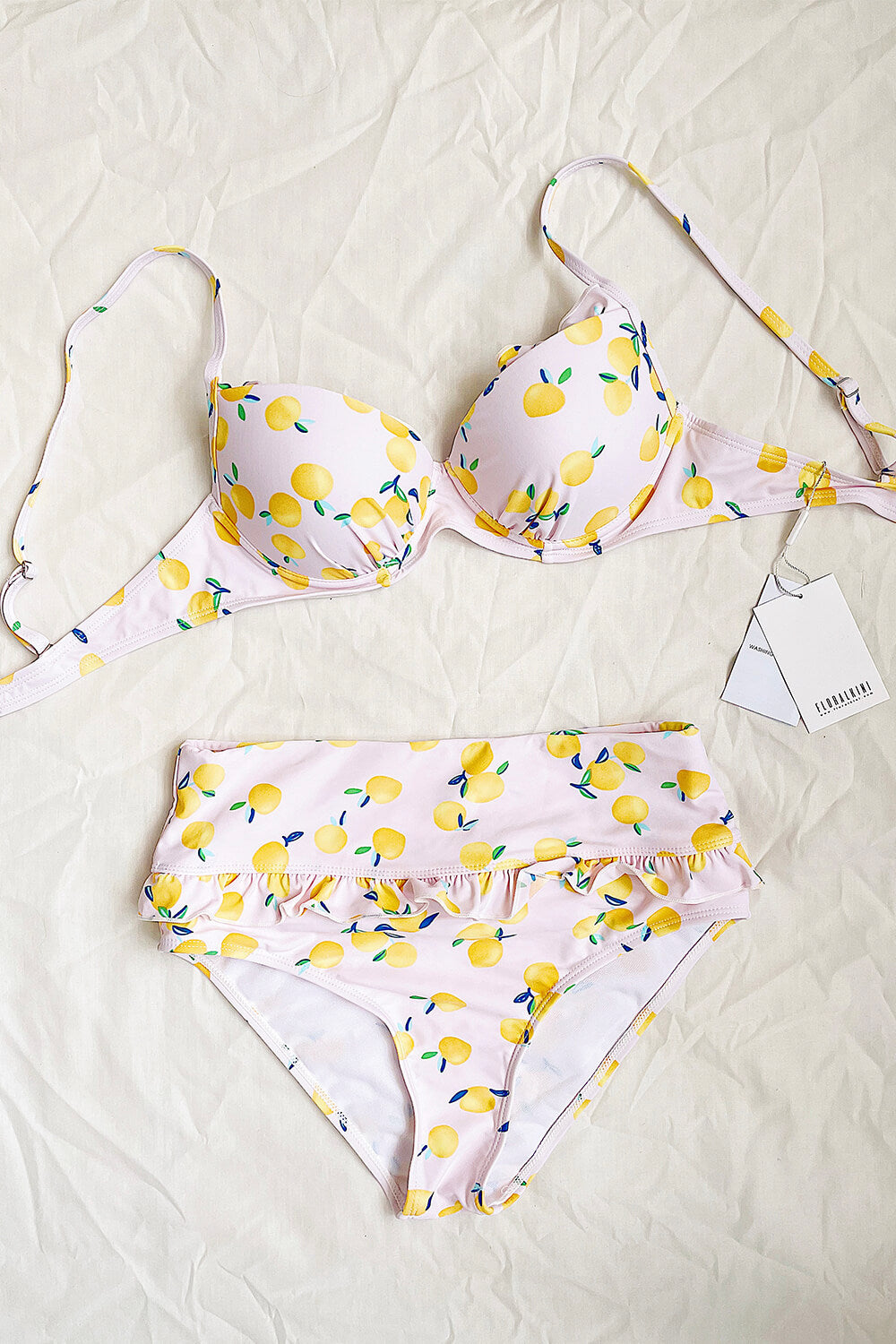 Lemon Print Underwire Ruched Bralette Bikini Top