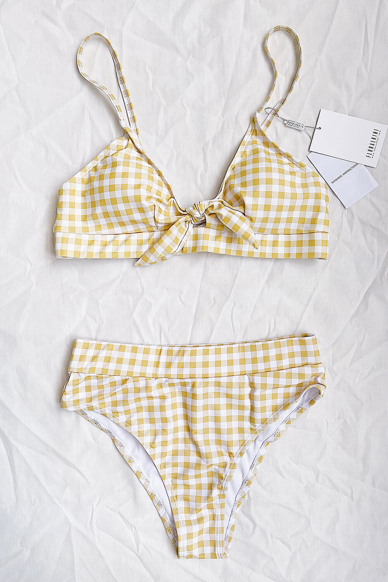 Yellow Check Tie Front Bikini Top