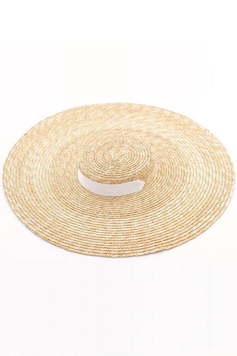 Wheat Straw Extra-Wide Brim Boater With White Chin Tie
