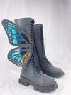 Holographic Rainbow Reflective Lace Up Knee High Combat Boots With Butterfly Wings