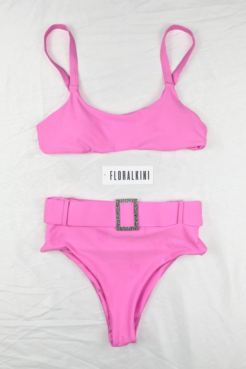 Hot Pink High Waist Bikini Bottom With Diamante Belt