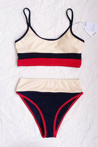 Cream And Red Striped Ribbed Bikini Top