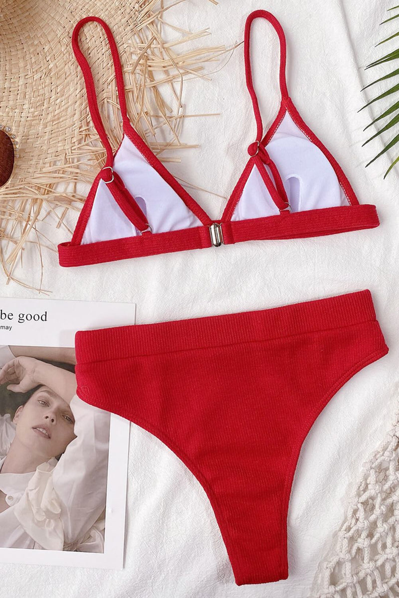 Red Ribbed High-Waisted Bikini Bottom