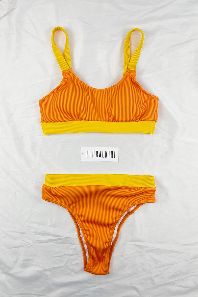 Orange Yellow Blocked Rib High Waisted Bikini Bottom