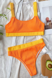 Orange Yellow Blocked Rib High Waisted Bikini Bottom
