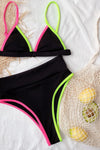 Pink Lime Black Colorblock Rib Triangle Bikini Top