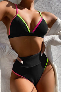 Pink Black Lime Colorblock Rib High Waisted Bikini Bottom