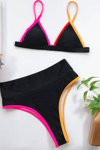 Black Colorblock Rib Triangle Bikini Top