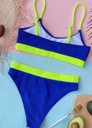 Neon Blue Blocked Blocked Rib High Waisted Bikini Bottom