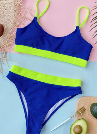Neon Blue Blocked Blocked Rib High Waisted Bikini Bottom
