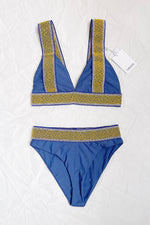 Blue Woven Zig-Zag High Waisted Bikini Bottom