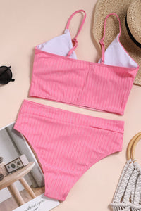Pink Textured Long Line Plunge Bikini Top