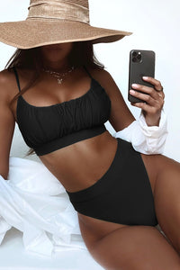 Black Ruched Scoop-Neck Crop Bikini Top