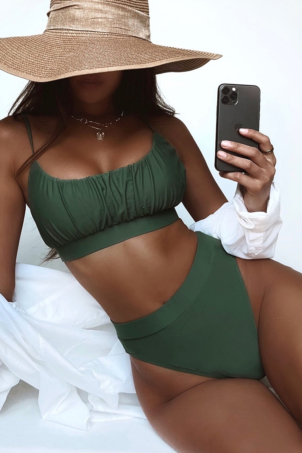 Green Ruched Scoop-Neck Crop Bikini Top