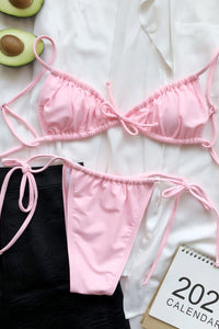 Pink Gathered Edge Tie Front Triangle Bikini Top