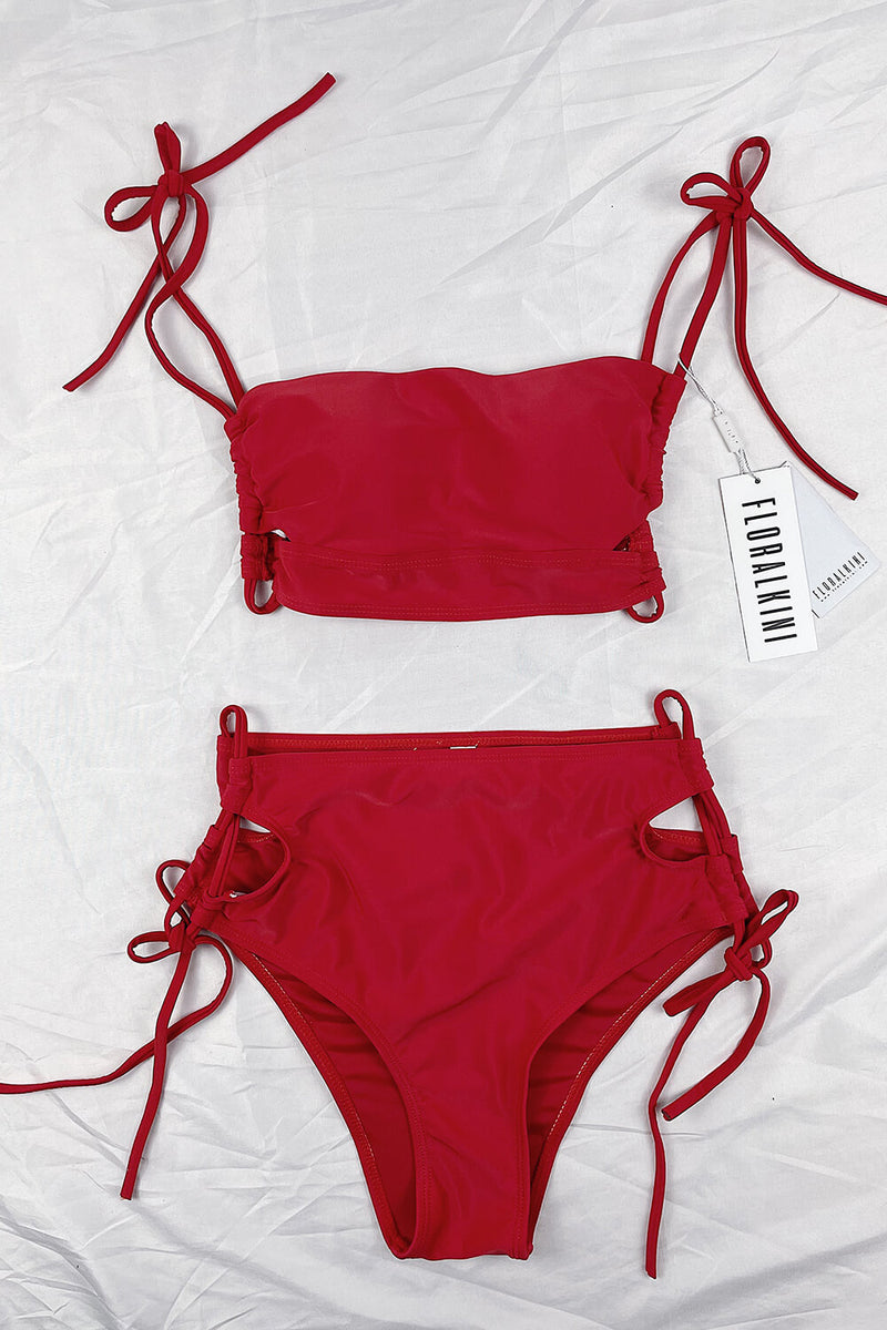 Red Criss Cross Cutout Lace-Up Side Long Line Bandeau Bikini Top