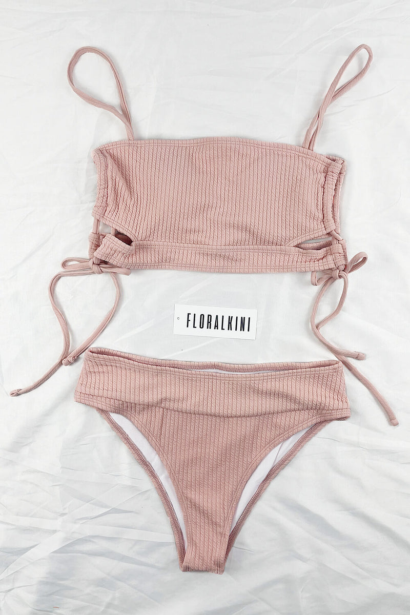 Pink Ribbed Criss Cross Cutout Lace-Up Side Long Line Bikini Top