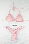 Pink Rib Velvet Ruched Triangle Bikini Top