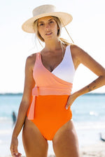Pink Orange Color Block Wrap One Piece Swimsuit