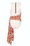 White Ribbed One Piece Swimsuit With Giraffe Pattern Tie