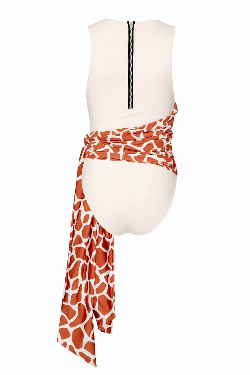 White Ribbed One Piece Swimsuit With Giraffe Pattern Tie