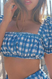 Blue Gingham Ruched Puff Sleeve Bikini Top