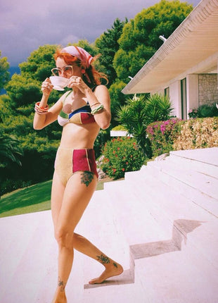 Multicoloured Shimmer Color-Block Velvet Bustier Bikini Top