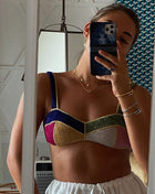 Multicoloured Shimmer Color-Block Velvet Bustier Bikini Top