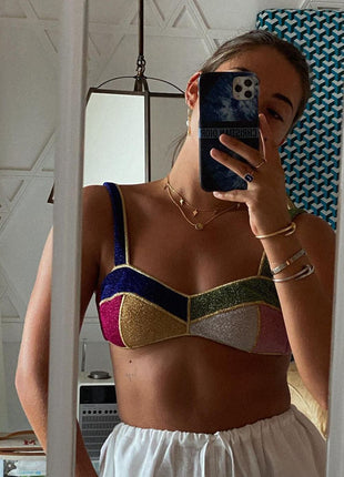 Multicoloured Shimmer Color-Block Velvet Bustier Bikini Top