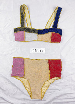 Multicoloured Shimmer Color-Block Velvet Bustier Bikini Top
