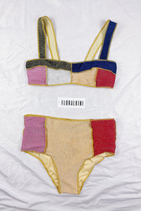 Multicoloured Shimmer Color-Block Velvet High Waisted Bikini Bottom