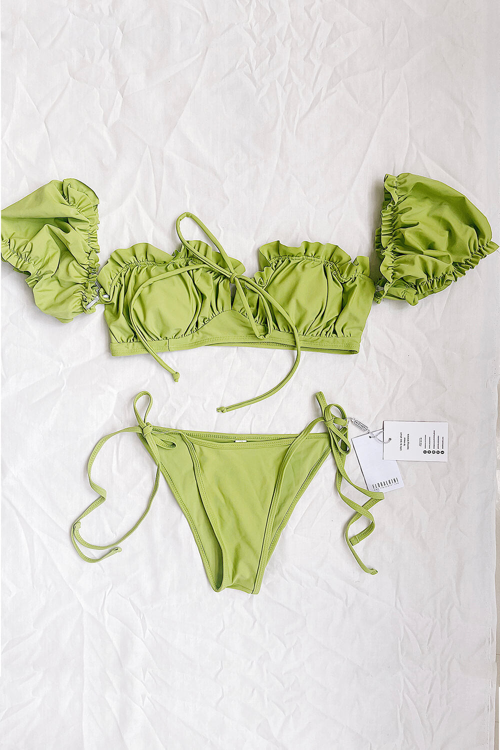 Pistachio Green Puff Sleeve Ruffled Milkmaid Bardot String Tie Bikini Top