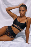 Black And Leopard Print Blocked Sporty Bikini Top