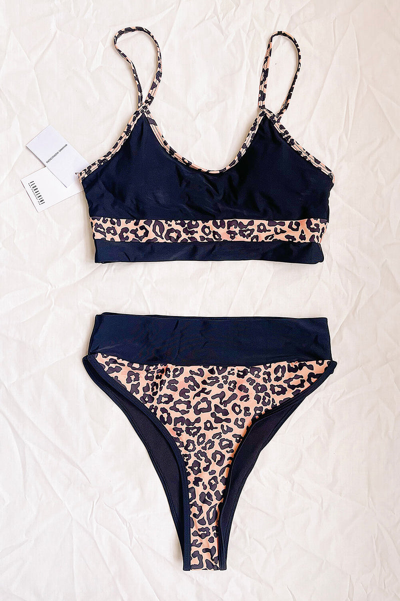 Black And Leopard Print Blocked High Waisted Bikini Bottom