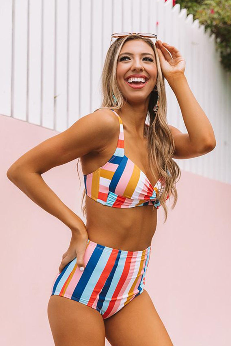 Multi Striped Twist Front Bikini Top