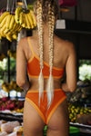 Orange Blocked Ribbed One Shoulder Bikini Top