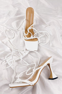 White Faux Leather Lace Up Square Toe  Sculptured Heel