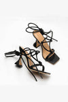 Black Faux Leather Lace Up Square Toe  Sculptured Heel