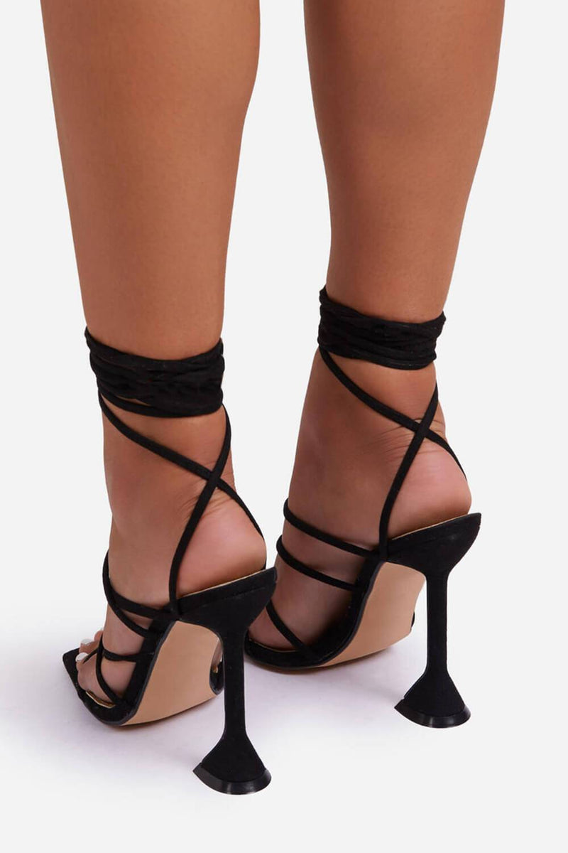 Black Faux Suede Strappy Lace Up Square Toe Sculptured Heel
