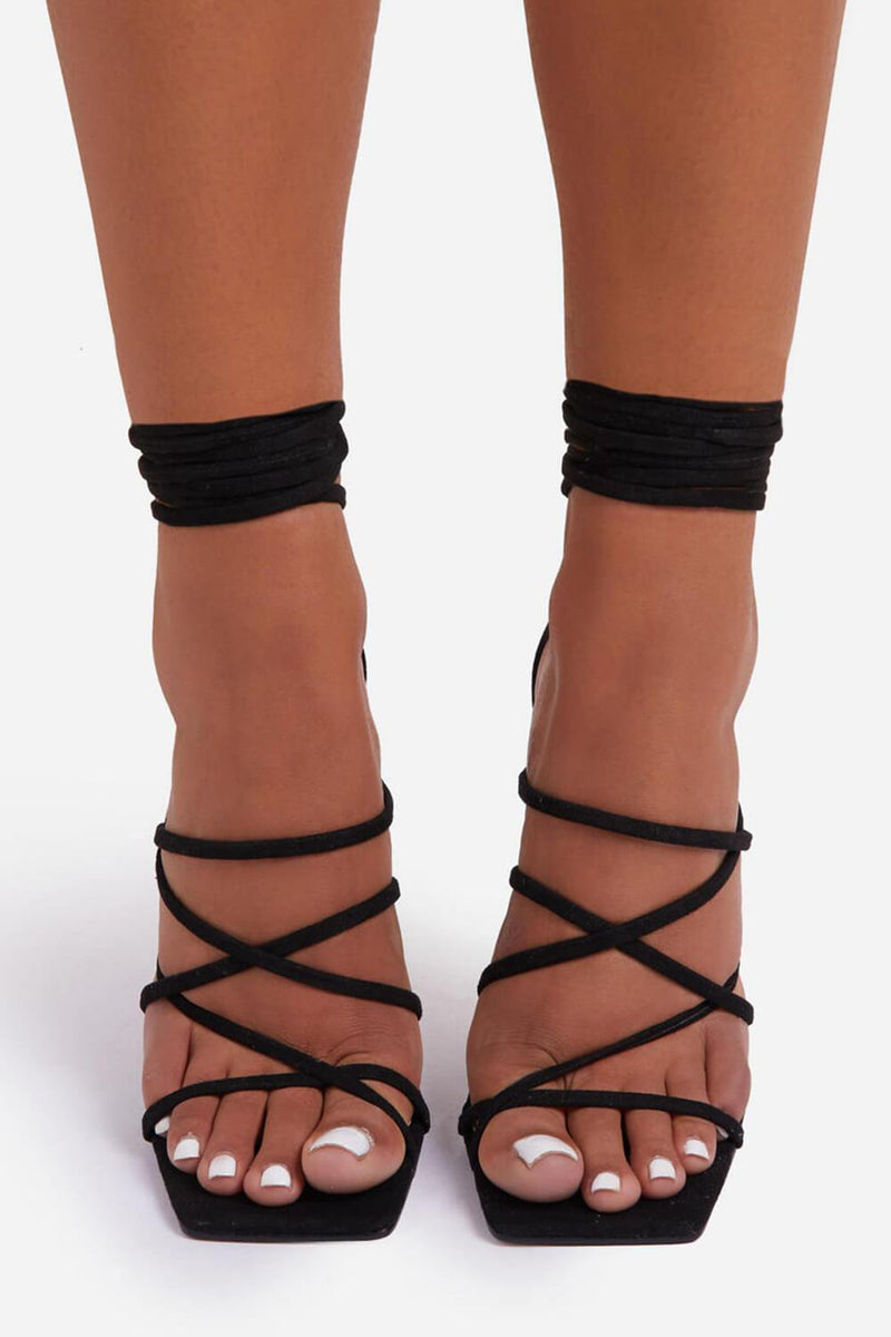 Black Faux Suede Strappy Lace Up Square Toe Sculptured Heel