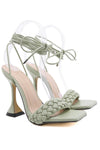 Sage Green Faux Leather Lace Up Square Toe Woven Sculptured Heels