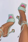 Sage Green Faux Leather Lace Up Square Toe Woven Sculptured Heels