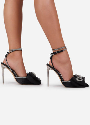 Black Satin Bow Detail Diamante Lace Up Clear Perspex Stiletto Heel