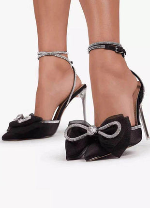 Black Satin Bow Detail Diamante Lace Up Clear Perspex Stiletto Heel