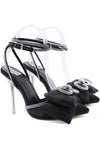 Black Satin Bow Detail Diamante Lace Up Clear Perspex Stiletto Heel